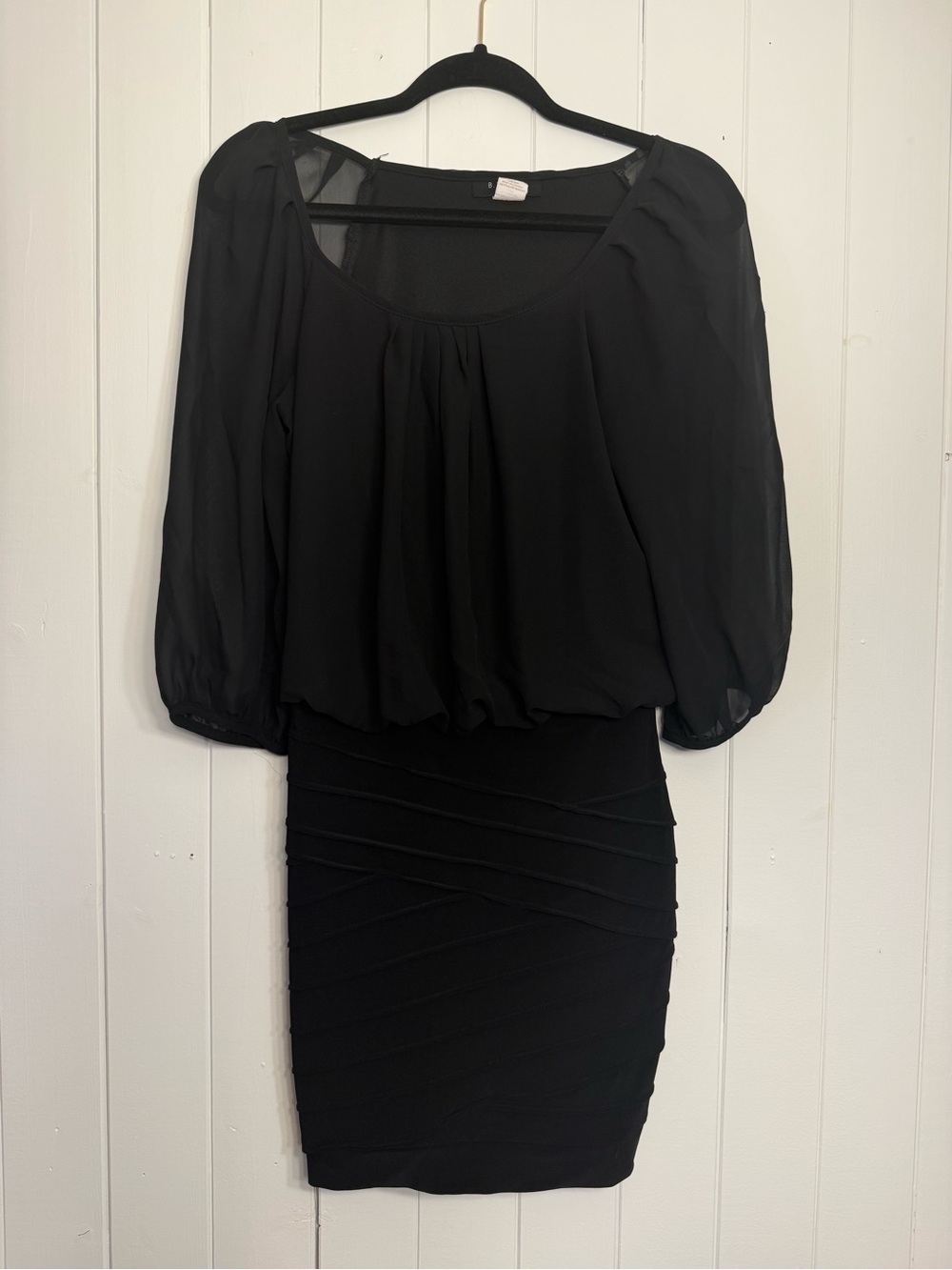 B Darlin Black Asymmetrical Dress with Sheer Dolman Sleeves